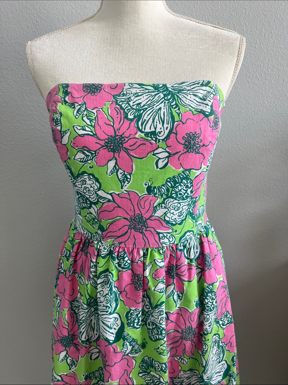 Vintage Lilly Pulitzer Strapless Butterfly Floral Resort Dress Size 14